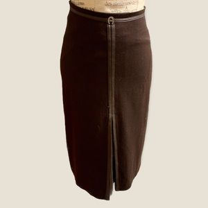 Absolu Paris Chocolate Brown Pencil Skirt Faux Leather Trim Size 36/6